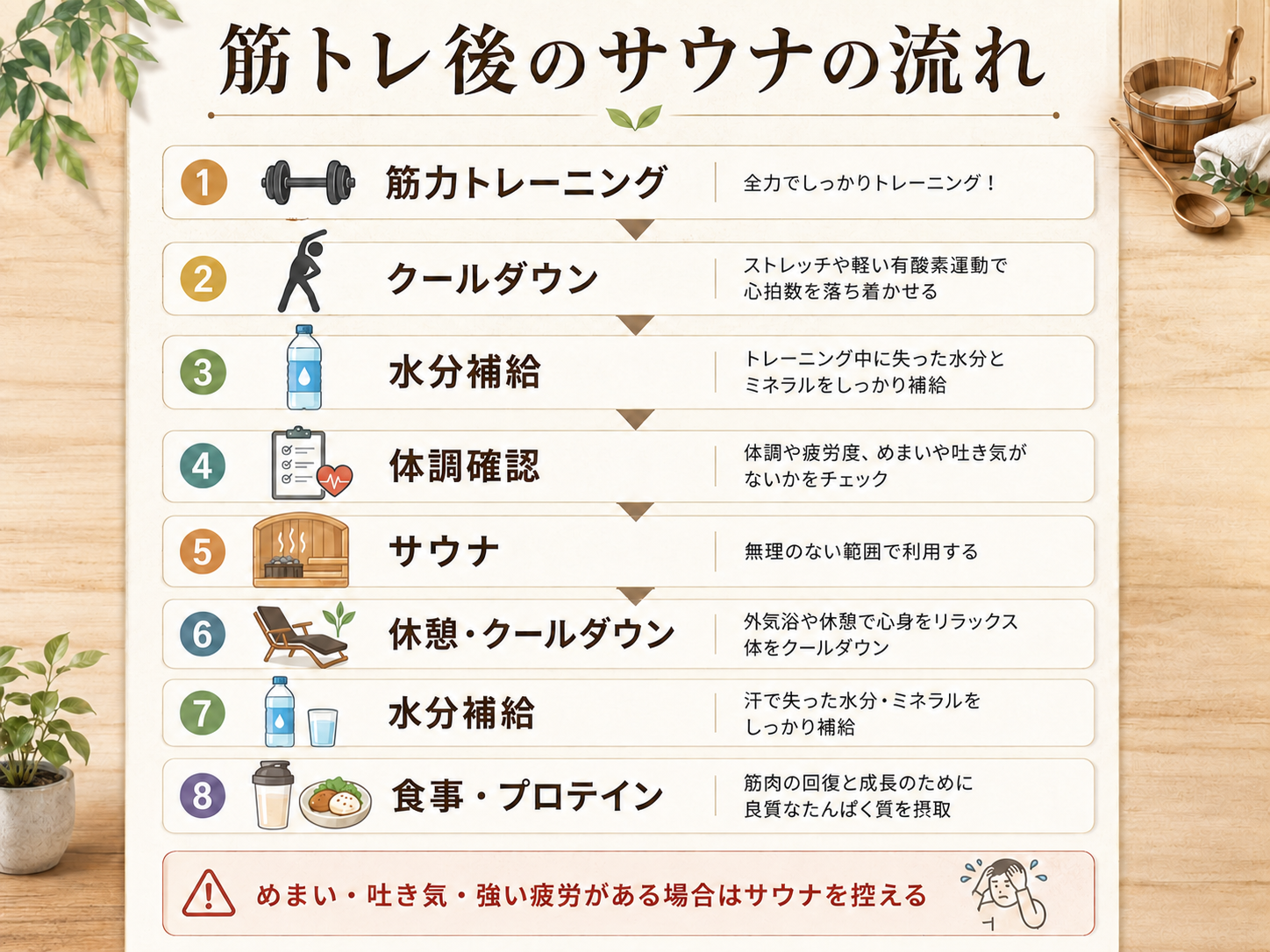 筋トレ後のクールダウンからサウナ、水分補給までの流れを示した図